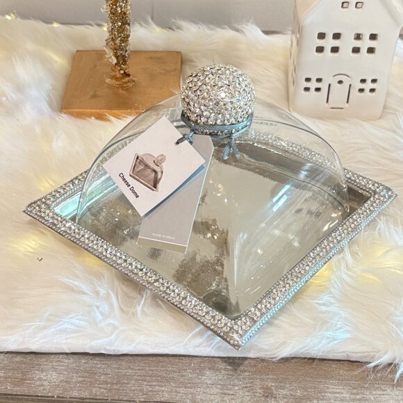 Rhinestone JEWELED Chrystals CAKE PASTRY KEEPER GLASS DOME Server Square - Picture 3 of 7